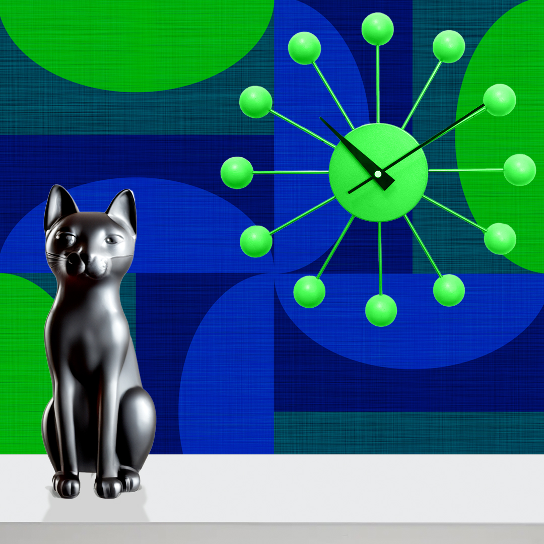 An abstract composition featuring irregular, rounded shapes in vibrant colors. The main colors include bright green, lime green, turquoise, and dark blue, all separated by white, jagged outlines. The shapes overlap and intersect dynamically, forming an energetic and playful pattern. The overall texture has a fabric-like appearance with subtle horizontal and vertical lines running through the colors.